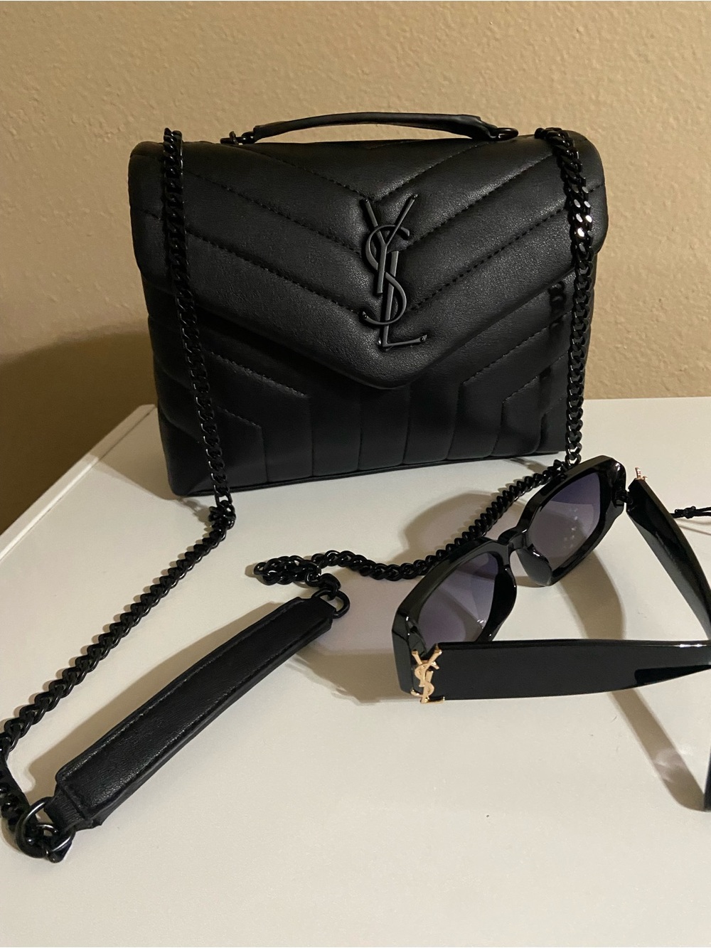YSL Black Quilted Shoulder Bag and Black and Gold Sunglasses